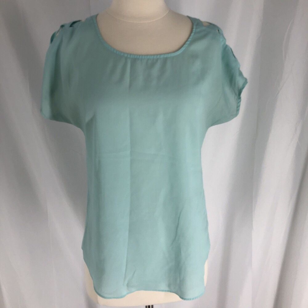 Express Blouse Womens Teal Scoop Neck Short Sleeve Cold Shoulder Ruffle Tunic XS